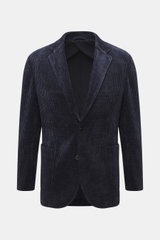 Front view of 04651/ A trip in a bag Cord Blazer navy, cord made of high-quality microfiber, light elastic quality, slim fit, tailored two-button style, notched lapel, patch hip pockets, small woven label in side seam, rear side vents, sleeve cuffs with b