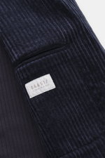 Close-up side view of the navy 04651/ A trip in a bag Cord Blazer made of high-quality microfiber cord, slim fit with tailored two-button style, notched lapel, patch hip pockets, small woven label in side seam, rear side vents, sleeve cuffs with buttons, 