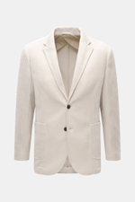 Front view of 04651/ A trip in a bag Cord Blazer sand, slim fit corduroy microfiber with light elastic quality, tailored two-button style, notched lapel, patch hip pockets, small woven label in side seam, rear side vents, sleeve cuffs with buttons, uncons