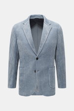 Front view of 04651/ A trip in a bag Cord Blazer Smoke Blue in light blue cord microfiber with slim fit, tailored two-button style, notched lapel, patch hip pockets, small woven label in side seam, rear side vents, sleeve cuffs with buttons, unconstructed