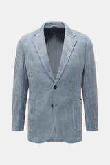Front view of 04651/ A trip in a bag Cord Blazer Smoke Blue in light blue cord microfiber with slim fit, tailored two-button style, notched lapel, patch hip pockets, small woven label in side seam, rear side vents, sleeve cuffs with buttons, unconstructed