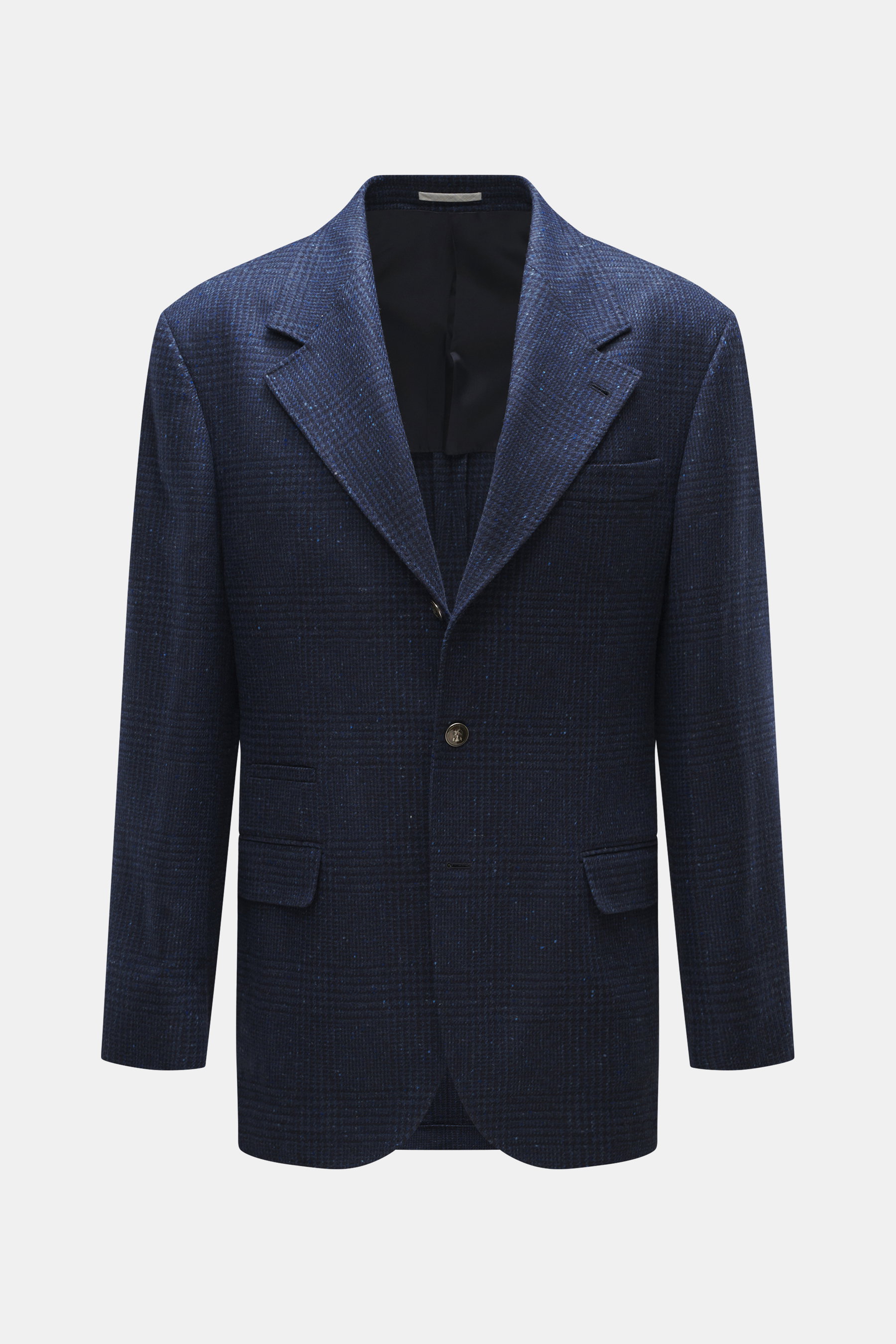 Front view of Brunello Cucinelli Navy/grey-blue checked blazer, slim fit, wool with cashmere, Prince-of-Wales pattern, soft touch, three-button style, notch lapel, classic breast pocket, hip pockets with flap, small ticket pocket, sleeve cuffs with button