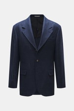 Front view of Brunello Cucinelli Navy/grey-blue checked blazer, slim fit, wool with cashmere, Prince-of-Wales pattern, soft touch, three-button style, notch lapel, classic breast pocket, hip pockets with flap, small ticket pocket, sleeve cuffs with button