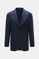 Front view of Brunello Cucinelli Navy/grey-blue checked blazer, slim fit, wool with cashmere, Prince-of-Wales pattern, soft touch, three-button style, notch lapel, classic breast pocket, hip pockets with flap, small ticket pocket, sleeve cuffs with button