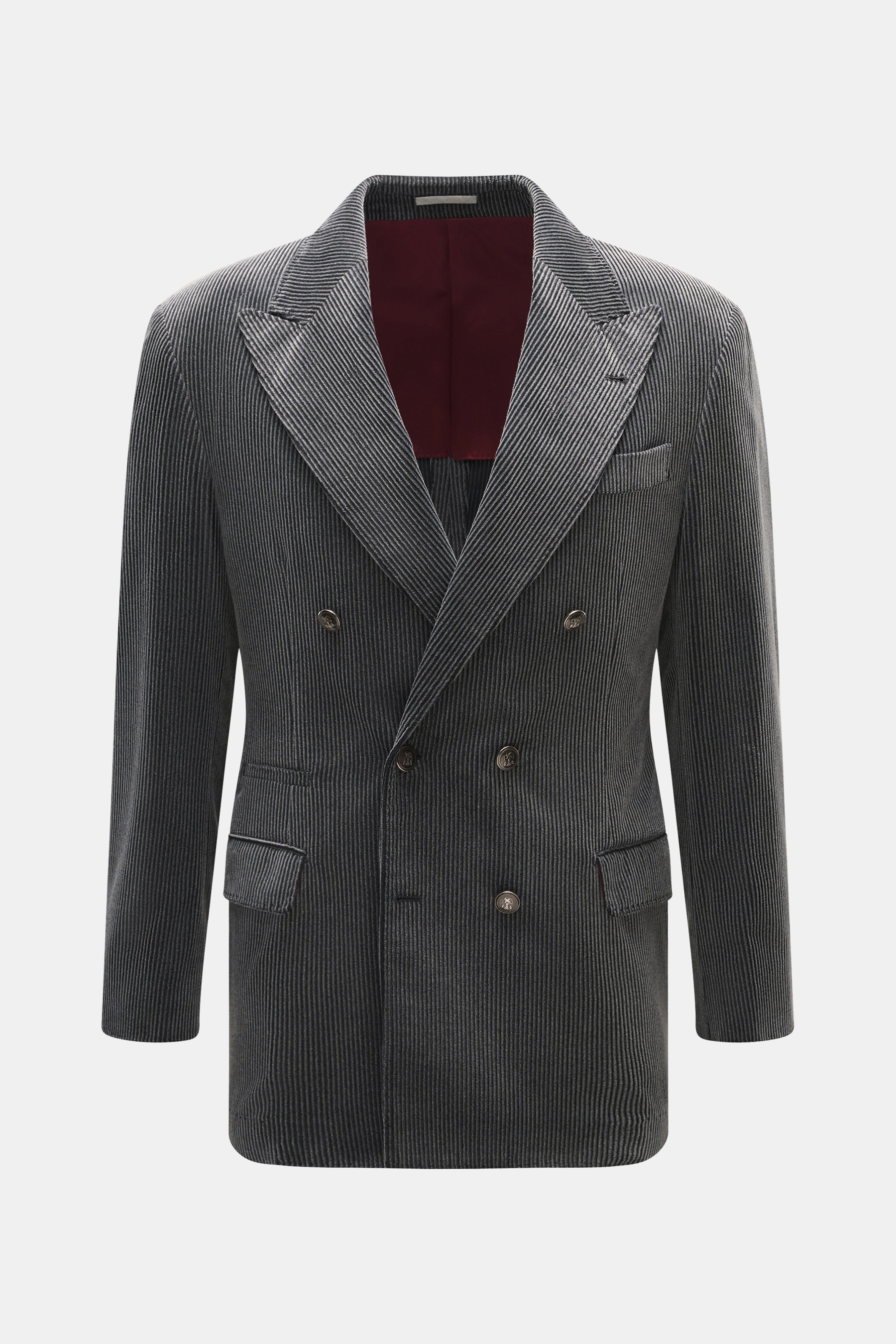 Brunello Cucinelli Cord-Sakko anthrazit in Frontansicht, Slim Fit, zweireihig mit drei Knöpfen, Wappenknöpfe, Spitzrevers, Cord aus reiner Baumwolle, weicher Griff, gebürsteter Used-Effekt, Brusttasche, Hüfttaschen mit Patte, kleine Billett-Tasche, Ärmel 