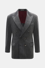 Front view of Brunello Cucinelli Cord Blazer Anthracite, slim fit, corduroy pure cotton, soft touch, brushed effect, double-breasted, crest buttons, notched lapel, breast and flap hip pockets, ticket pocket, button sleeve cuffs, rear vents, half lined, th