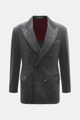 Front view of Brunello Cucinelli Cord Blazer Anthracite, slim fit, corduroy pure cotton, soft touch, brushed effect, double-breasted, crest buttons, notched lapel, breast and flap hip pockets, ticket pocket, button sleeve cuffs, rear vents, half lined, th