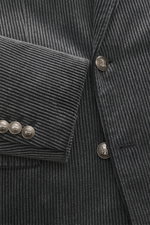 Close-up front and sleeve view of the Brunello Cucinelli Cord Blazer Anthracite, slim fit, double-breasted with crest buttons, notched lapel, corduroy pure cotton with soft touch, brushed used effect, featuring classic breast pocket, hip flap pockets, sma