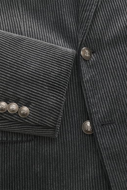 Close-up front and sleeve view of the Brunello Cucinelli Cord Blazer Anthracite, slim fit, double-breasted with crest buttons, notched lapel, corduroy pure cotton with soft touch, brushed used effect, featuring classic breast pocket, hip flap pockets, sma