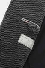 Brunello Cucinelli Cord Blazer Anthracite shown close-up from the inside front left, corduroy pure cotton, soft touch, brushed used effect, Slim Fit, double-breasted three-button style, crest buttons, notched lapel, classic breast pocket, hip pockets with