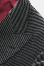 Close-up front view of the Brunello Cucinelli Cord Blazer Anthracite showing pure cotton corduroy fabric with soft touch and brushed used effect, slim fit, double-breasted three-button style, crest buttons, notched lapel, classic breast pocket, hip flap p