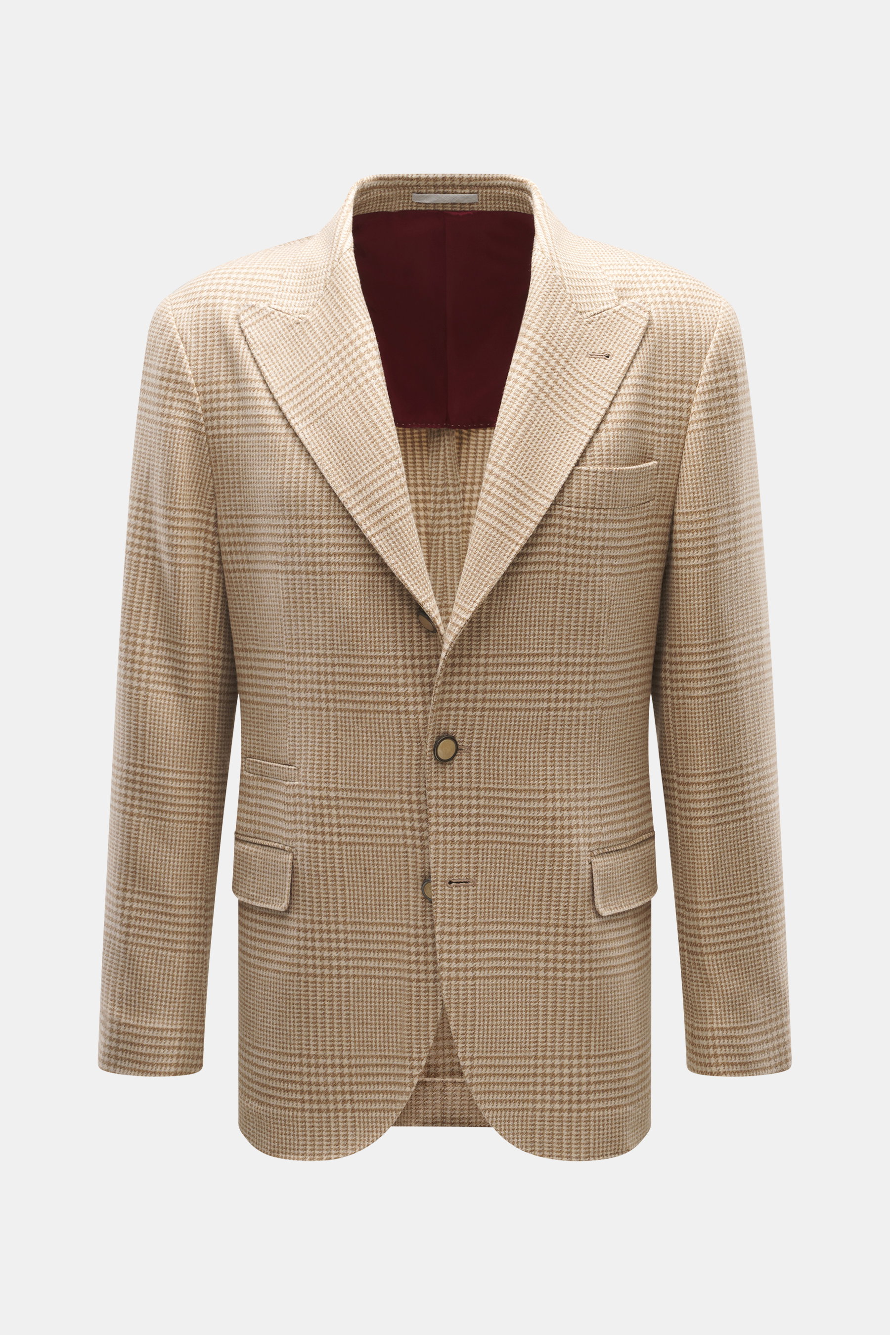 Brustansicht des beige/hellbraun karierten Brunello Cucinelli Sakko mit Slim Fit, Prince-of-Wales Muster, weichem Griff, drei Knöpfen, Spitzrevers, Taschen, Seitenschlitzen, Unconstructed Design und drei Innentaschen.
