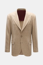 Brunello Cucinelli Beige/light brown checked blazer shown from front, slim fit with Prince of Wales pattern, soft wool-cashmere mix, three-button style, notched lapel, breast and hip flap pockets, small ticket pocket, buttoned sleeve cuffs, rear vents, un