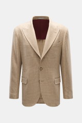 Brunello Cucinelli Beige/light brown checked blazer shown from front, slim fit with Prince of Wales pattern, soft wool-cashmere mix, three-button style, notched lapel, breast and hip flap pockets, small ticket pocket, buttoned sleeve cuffs, rear vents, un