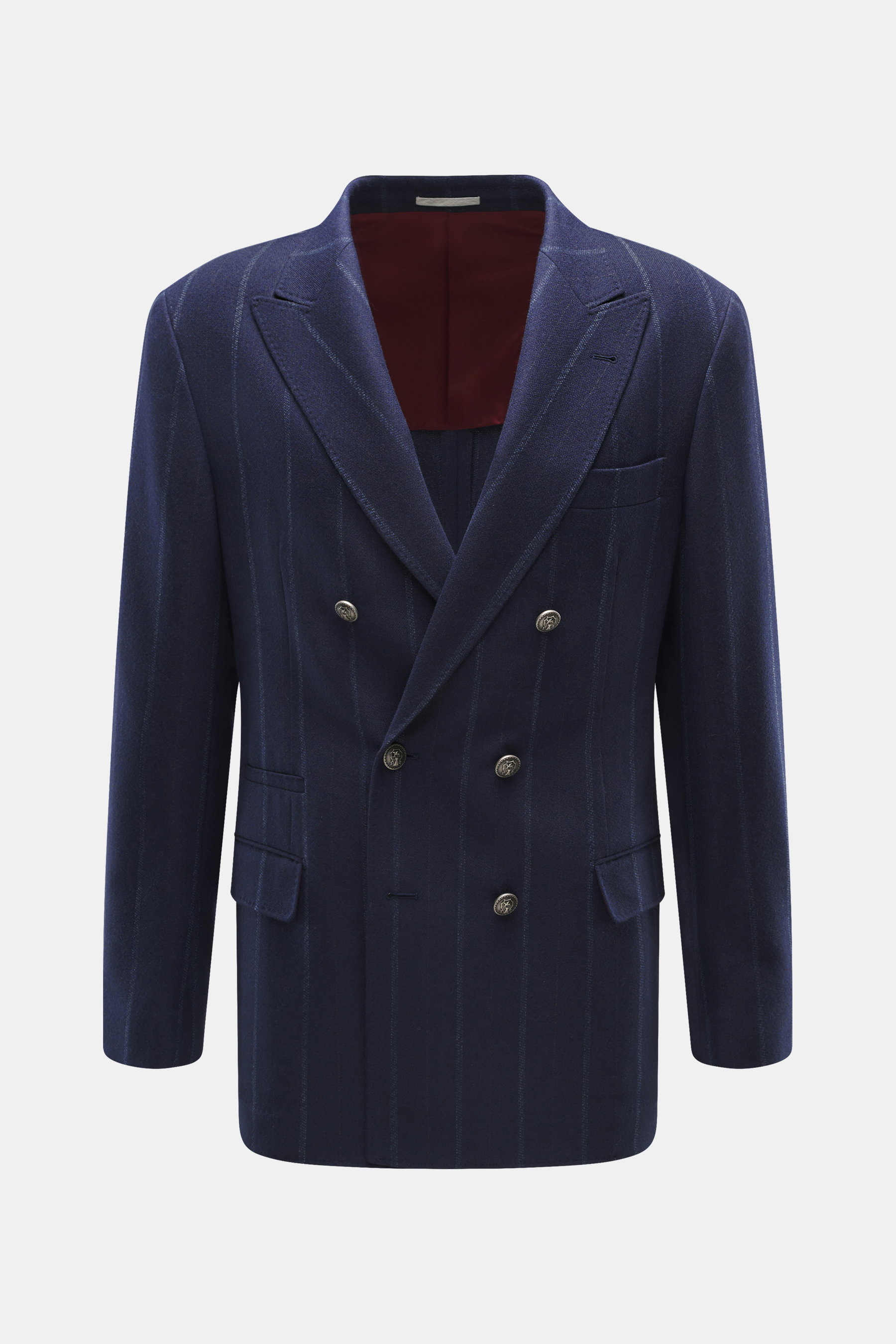 Brustansicht des Brunello Cucinelli Sakko navy gestreift, Slim Fit, zweireihig, aus weichem Schurwolle-Cashmere-Mix, mit Spitzrevers, Brust- und Hüfttaschen, Billett-Tasche, unfertigen Ärmelabschlüssen, Seitenschlitzen und drei Innentaschen, halb gefütter