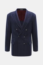 Front view of Brunello Cucinelli Navy striped blazer in a slim fit, double-breasted three-button style with peak lapels, classic breast pocket, hip flap pockets, small ticket pocket, sleeve ends unfinished, rear side vents, half lined, three inner pockets