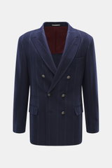 Front view of Brunello Cucinelli Navy striped blazer in a slim fit, double-breasted three-button style with peak lapels, classic breast pocket, hip flap pockets, small ticket pocket, sleeve ends unfinished, rear side vents, half lined, three inner pockets