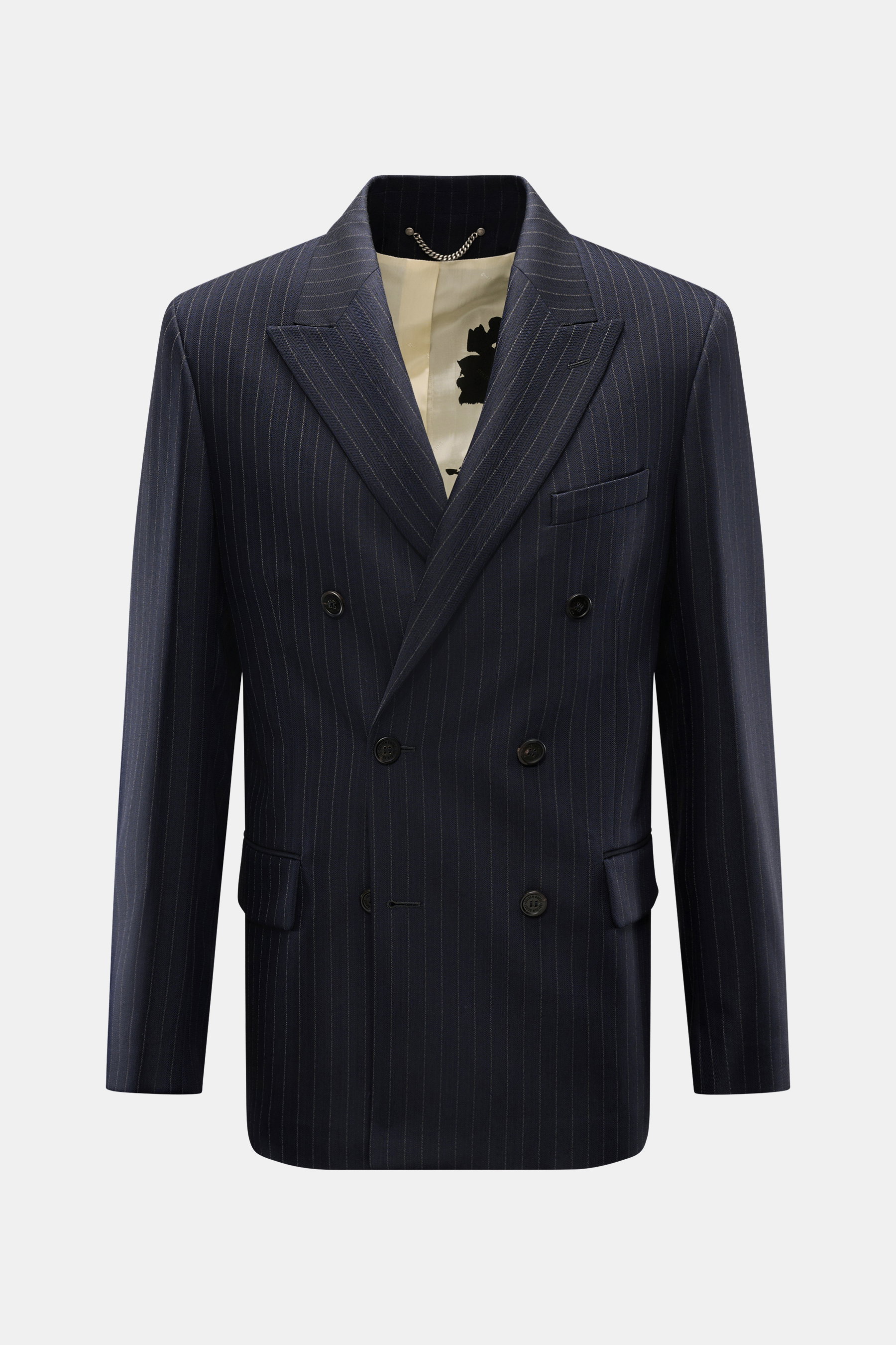 Golden Goose Sakko 'Dave' dark navy gestreift, Slim Fit, feine Nadelstreifen, zweireihig, Spitzrevers, Taschen, Knöpfe, seitliche Schlitze, kontrastfarbenes Futter, Frontansicht.