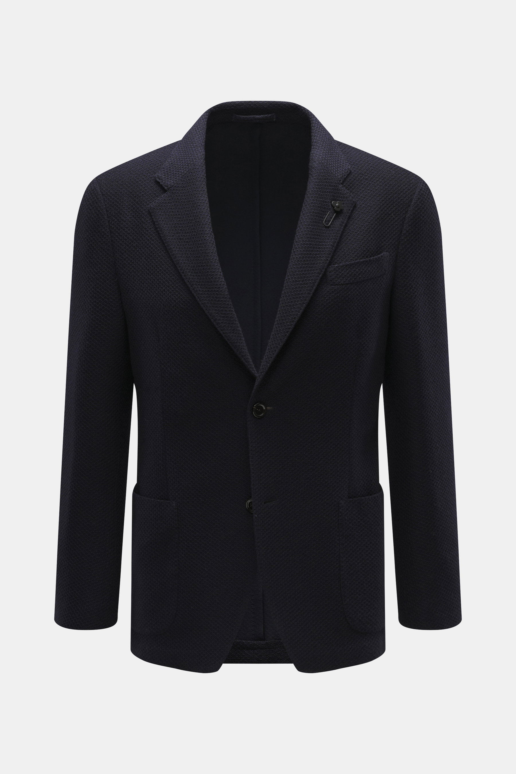 Lardini Strickblazer navy aus Wolle, Slim Fit, unconstructed Design, fallendes Revers mit Blüten-Anstecker, frontale Ansicht.