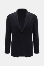 Front view of Lardini Knitted Blazer Navy, knit from wool with soft touch, slim fit, draped lapel with flower pin, tailored two-button style, classic breast pocket, patch hip pockets, unfinished sleeve cuffs, rear side vents, unconstructed design, and two