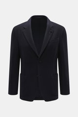 Front view of Lardini Knitted Blazer Navy, knit from wool with soft touch, slim fit, draped lapel with flower pin, tailored two-button style, classic breast pocket, patch hip pockets, unfinished sleeve cuffs, rear side vents, unconstructed design, and two