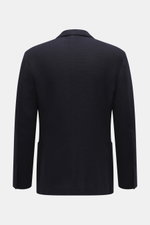 Lardini Knitted Blazer Navy shown from the back, knit from wool with a soft touch, slim fit, draped lapel with flower pin, tailored two-button style, classic breast pocket, patch hip pockets, unfinished sleeve cuffs, rear side vents, unconstructed design,