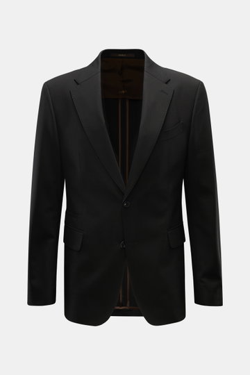 Front view of the Windsor Sakko 'Sono' schwarz, a slim-fit black wool blazer with elastic quality, smooth texture, two-button style, notch lapels, chest pocket, flap hip pockets, billet pocket, kissing buttons, rear side vents, unconstructed design, and t