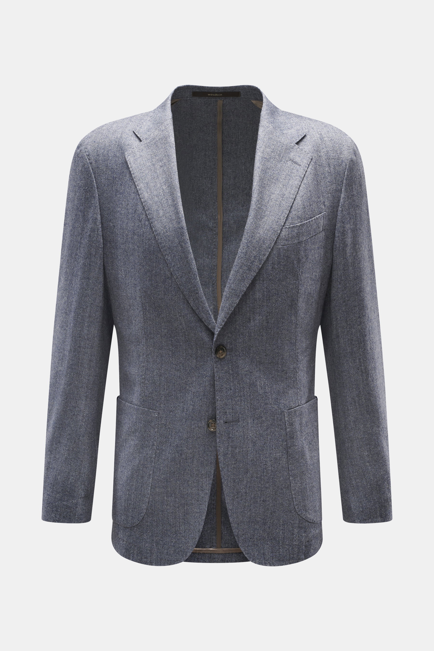 Windsor Sakko 'Giorno' rauchblau meliert, frontal fotografiert, Slim Fit, Mix aus Wolle und Microfaser, fallendes Revers, Zwei-Knopf-Stil, Brusttasche, Hüfttaschen, Kissing Buttons, Seitenschlitze, Unconstructed Design, zwei Innentaschen, leicht griffige 