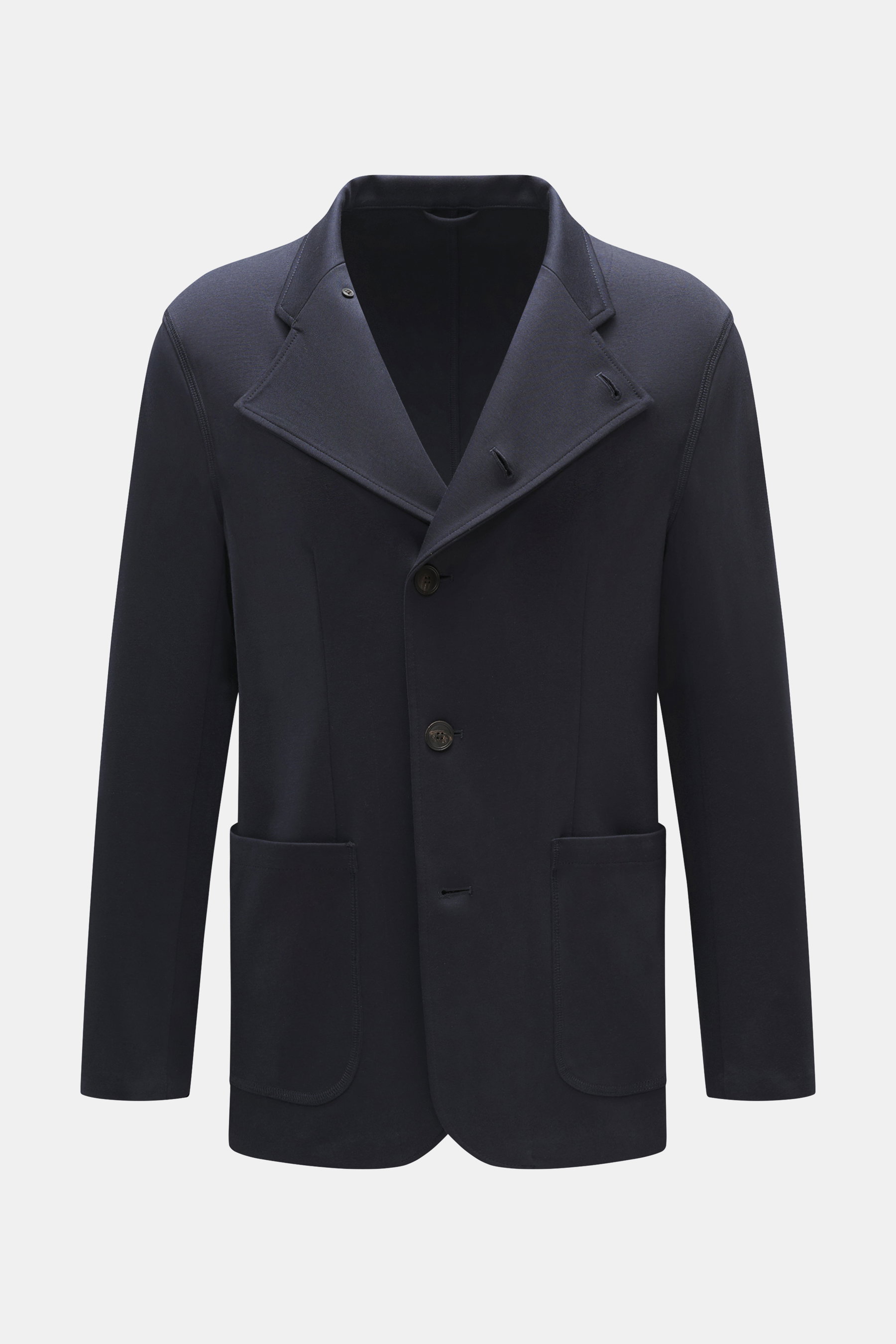 Front view of Emporio Armani Strickblazer navy blazer in fine pure new wool knit with tonal herringbone pattern, slim fit, two-button style, notch lapels, patch hip pockets, and unconstructed design.