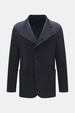 Front view of Emporio Armani Strickblazer navy blazer in fine pure new wool knit with tonal herringbone pattern, slim fit, two-button style, notch lapels, patch hip pockets, and unconstructed design.