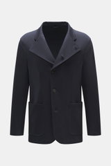 Front view of Emporio Armani Strickblazer navy blazer in fine pure new wool knit with tonal herringbone pattern, slim fit, two-button style, notch lapels, patch hip pockets, and unconstructed design.
