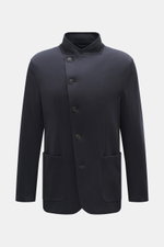Front view of Emporio Armani Strickblazer navy blazer in fine wool knit, slim fit with tonal herringbone, two-button, patch pockets, and unconstructed design.