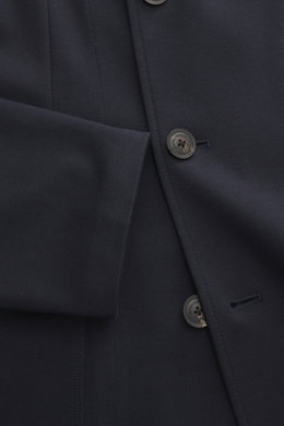 Close-up front view of the Emporio Armani Strickblazer navy showcasing two-button style, tonal herringbone knit, and unconstructed design.