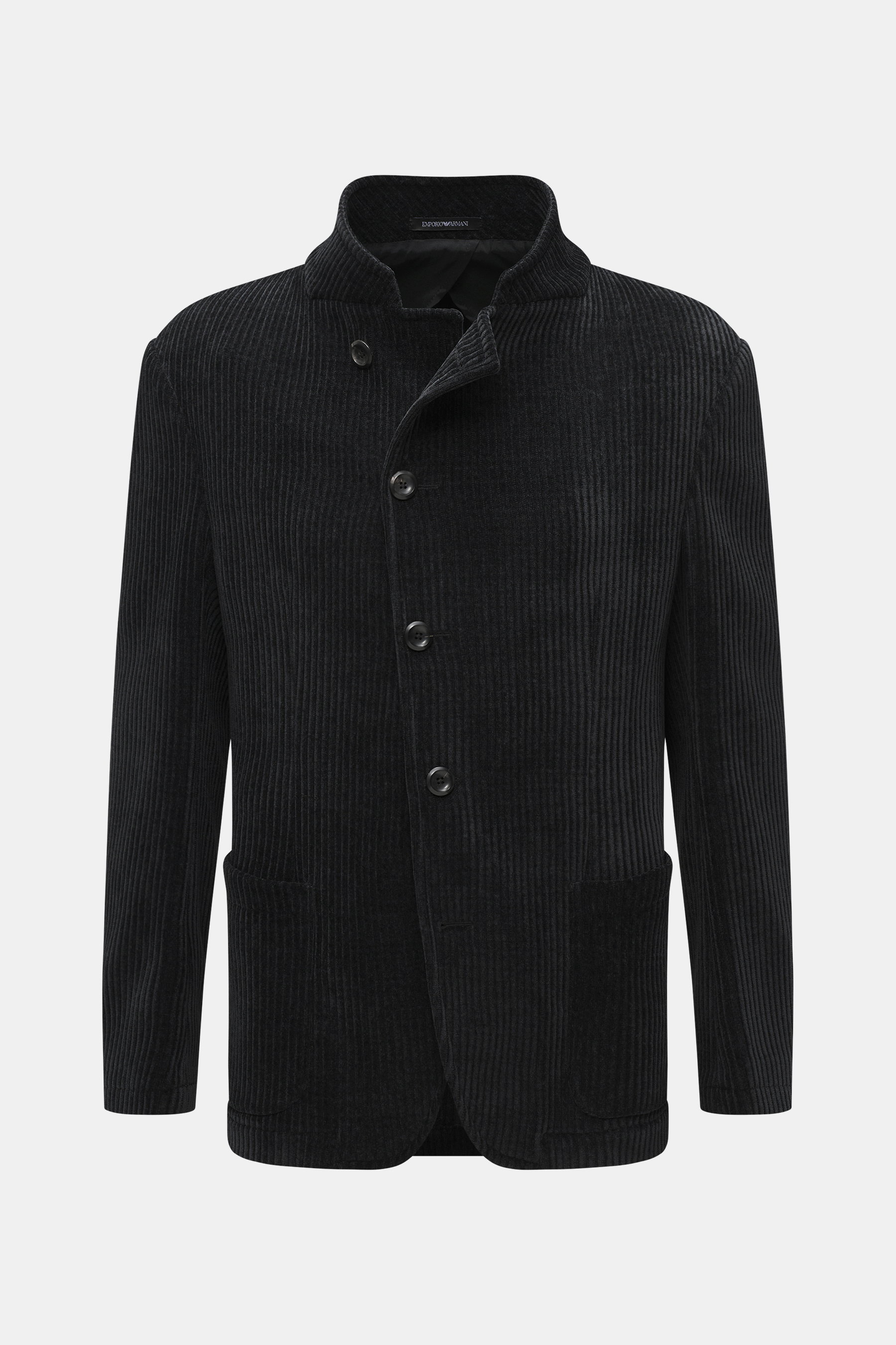 Front view of an Emporio Armani Sakko dark navy in lightweight corduroy with a stand collar, button closure, and patch pockets, showcasing its oversized fit and ribbed texture. Legere Eleganz macht dieses leichte Sakkos aus Viskose und Leinen mit dezentem