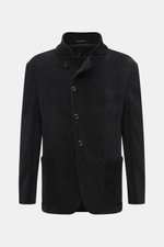 Front view of an Emporio Armani Sakko dark navy in lightweight corduroy with a stand collar, button closure, and patch pockets, showcasing its oversized fit and ribbed texture. Legere Eleganz macht dieses leichte Sakkos aus Viskose und Leinen mit dezentem