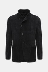 Front view of an Emporio Armani Sakko dark navy in lightweight corduroy with a stand collar, button closure, and patch pockets, showcasing its oversized fit and ribbed texture. Legere Eleganz macht dieses leichte Sakkos aus Viskose und Leinen mit dezentem