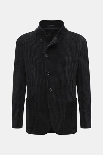 Front view of an Emporio Armani Sakko dark navy in lightweight corduroy with a stand collar, button closure, and patch pockets, showcasing its oversized fit and ribbed texture. Legere Eleganz macht dieses leichte Sakkos aus Viskose und Leinen mit dezentem