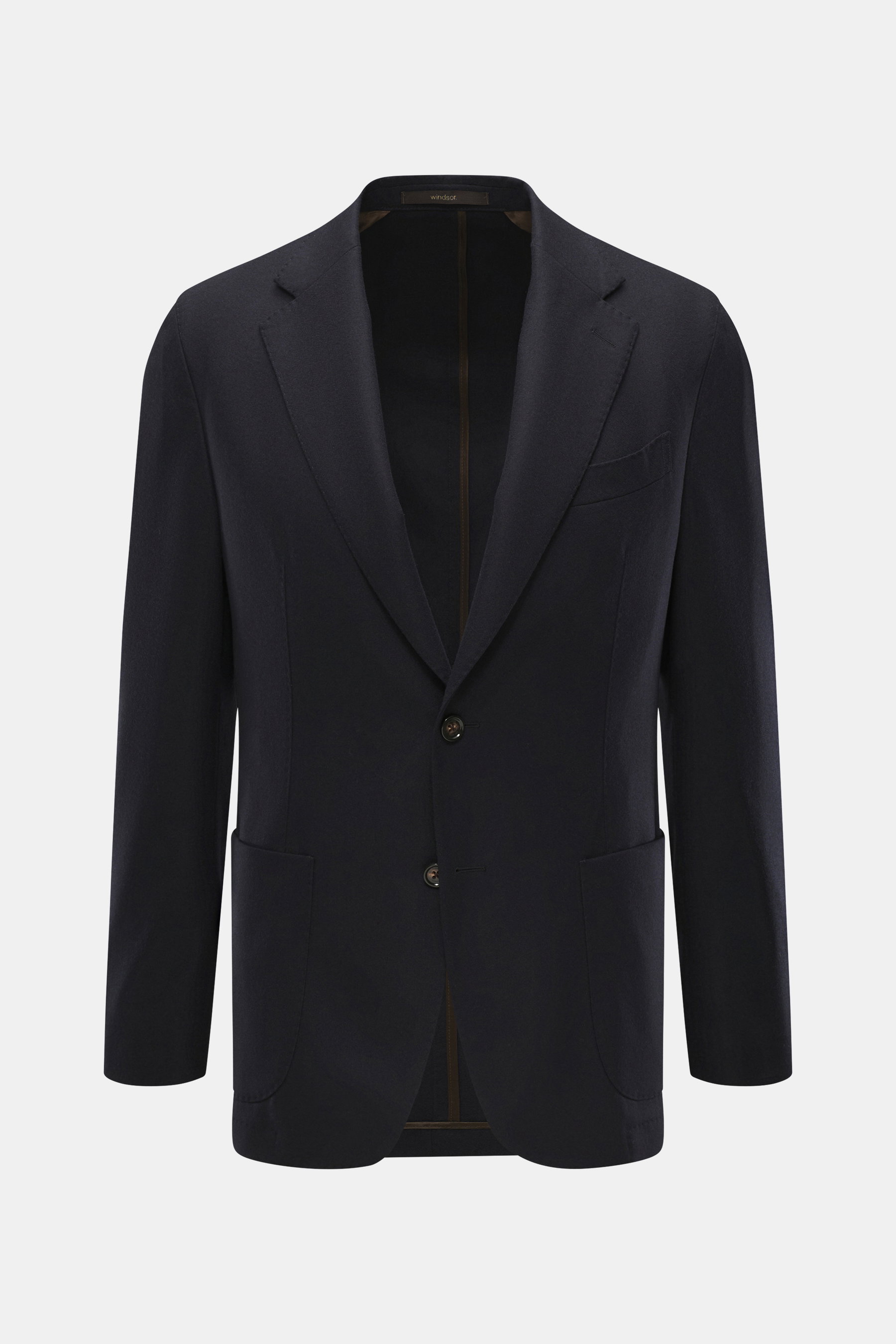 Windsor Sakko 'Giorno' navy, frontale Ansicht, feiner Twill aus reiner Wolle, Slim Fit, fallendes Revers, Zwei-Knopf-Stil, Brusttasche, Hüfttaschen, Kissing Buttons, Seitenschlitze, Unconstructed Design, zwei Innentaschen, weich, leicht elastisch.