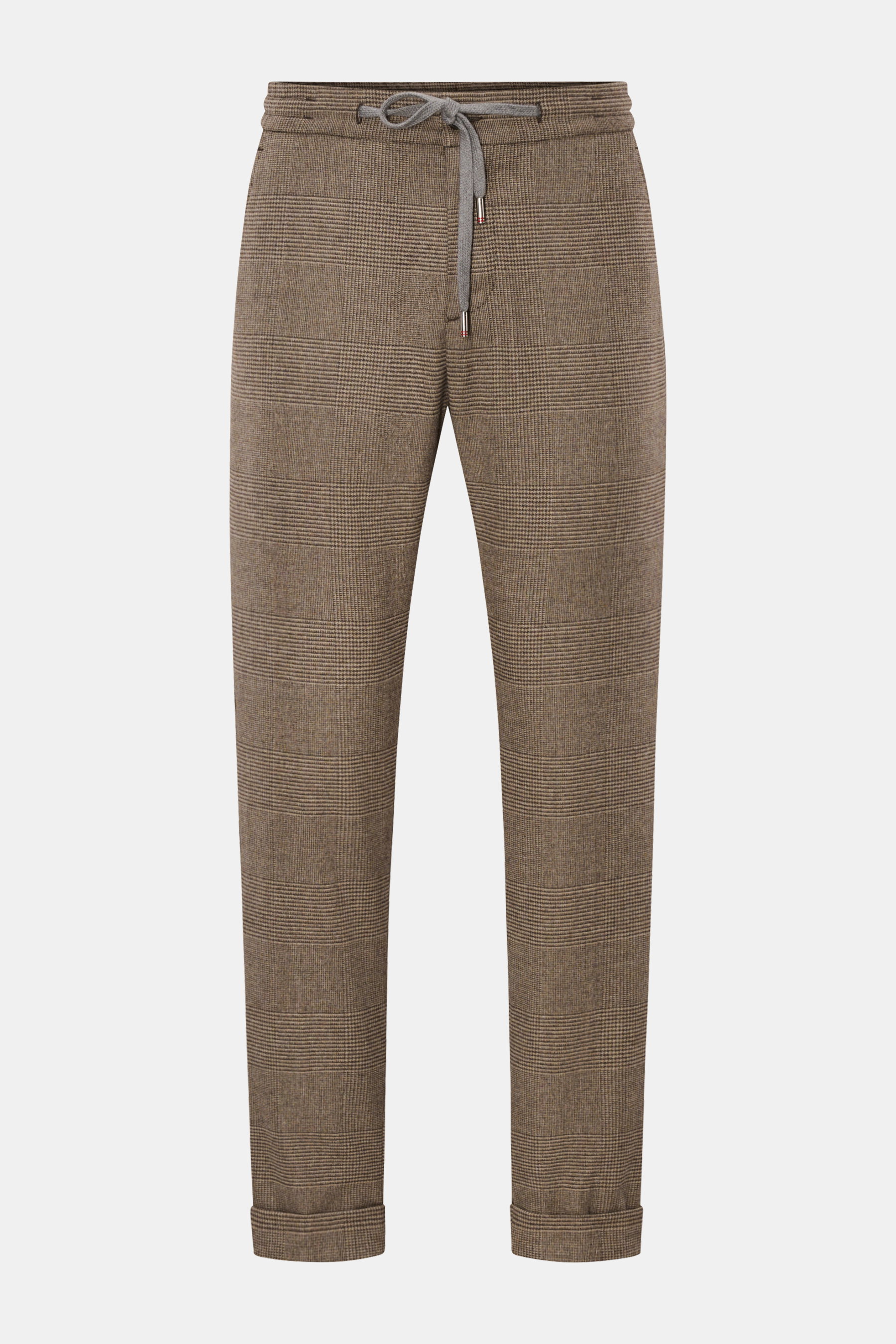 Marco Pescarolo Jogpants 'Caracciolo' beige/graubraun kariert, frontale Ansicht, Schurwoll-Cashmere-Mix, elastisch, Tapered Fit, Taschen, Saumaufschlag.