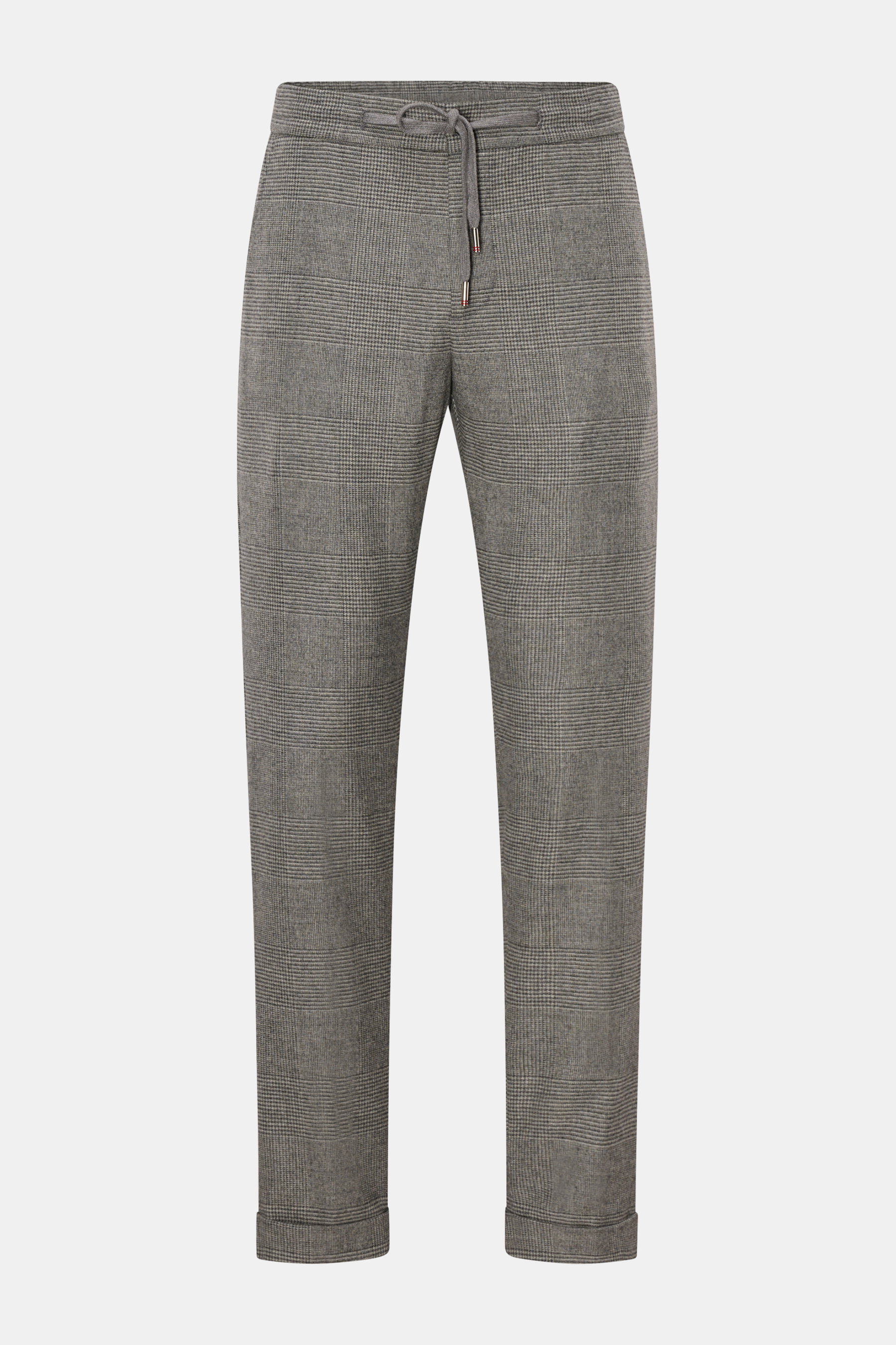 Marco Pescarolo Jogpants 'Caracciolo' hellgrau/dunkelgrau kariert, frontale Ansicht, Schurwolle-Cashmere, elastisch, Karomuster, Tapered Fit, Bund mit Tunnelzug.
