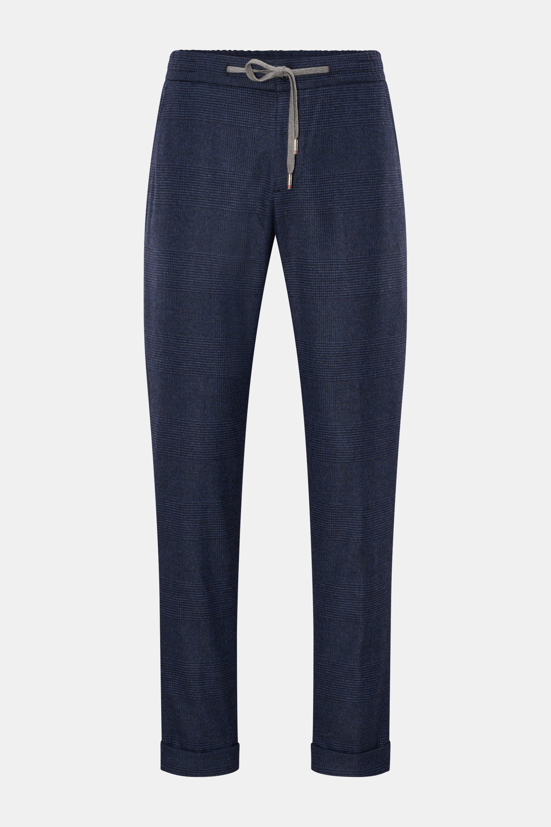 Marco Pescarolo Jogpants 'Caracciolo' navy/schwarz kariert, frontal fotografiert, Schurwoll-Cashmere-Mix, klassisches Karo, elastischer Bund mit Tunnelzug, Reißverschluss, Bundknopf, französische Taschen, Gesäßtaschen mit Zipper, fixer Saumaufschlag, tape