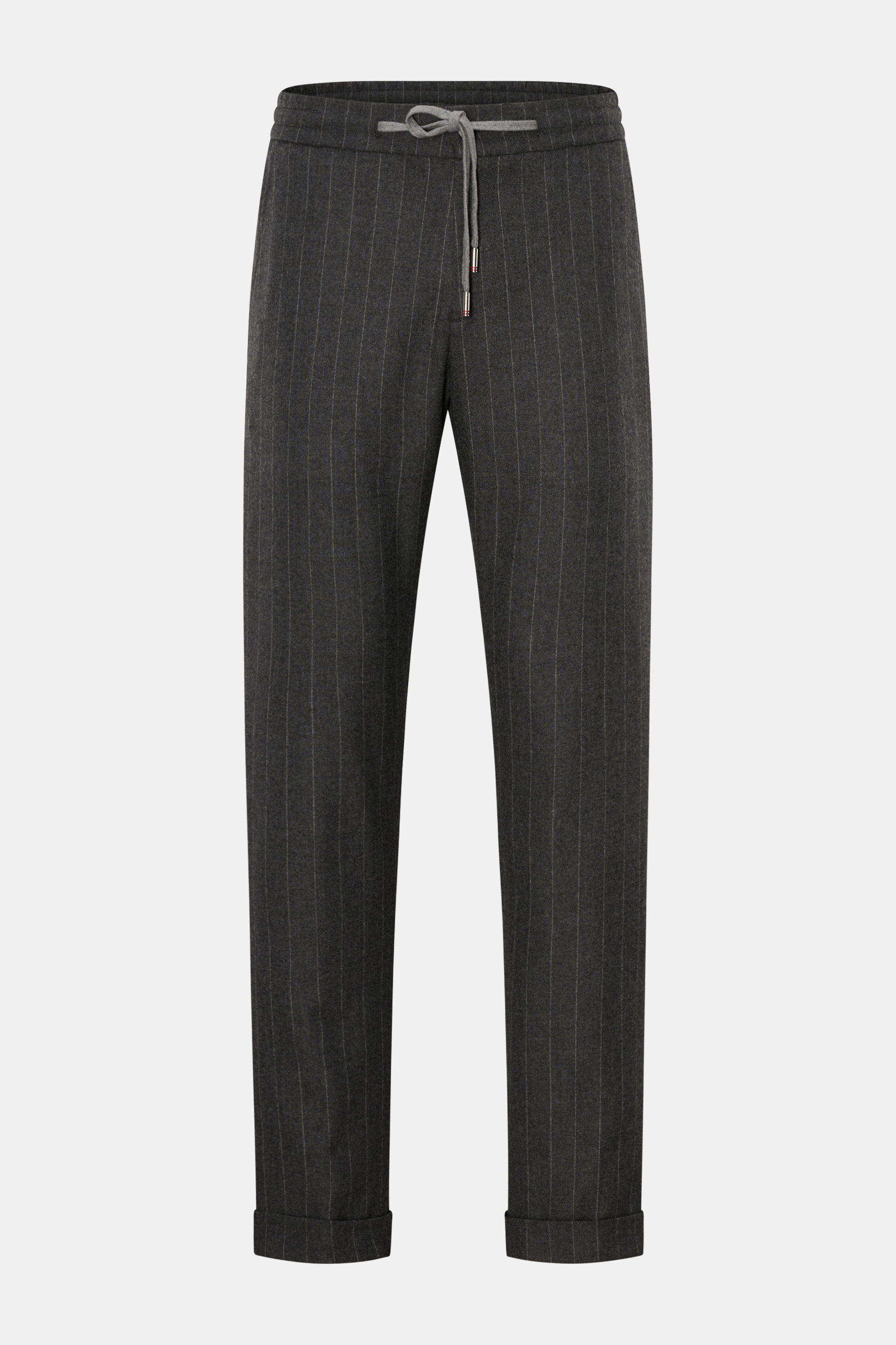 Marco Pescarolo Cashmere Jogpants 'Caracciolo' dunkelgrau gestreift, slim Fit, elastischer Bund mit Tunnelzug, französische Taschen, frontal fotografiert.