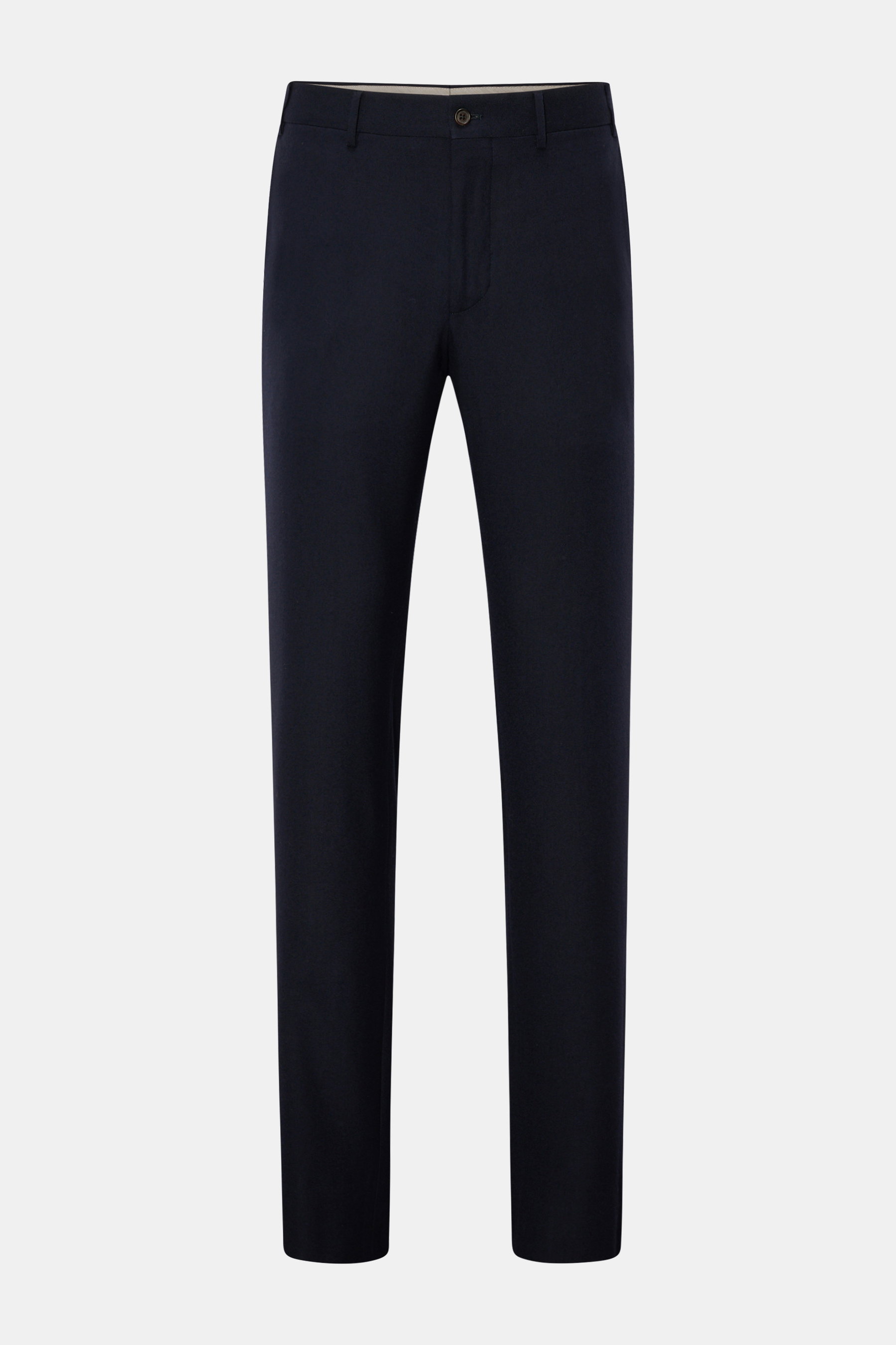 Corneliani Wollhose navy, Frontansicht, Flanell aus reiner Schurwolle, softer Griff, Slim Fit, leicht schmal zulaufend, Reißverschluss, Bundknöpfe, französische Taschen, Gesäßtaschen mit Knopf.