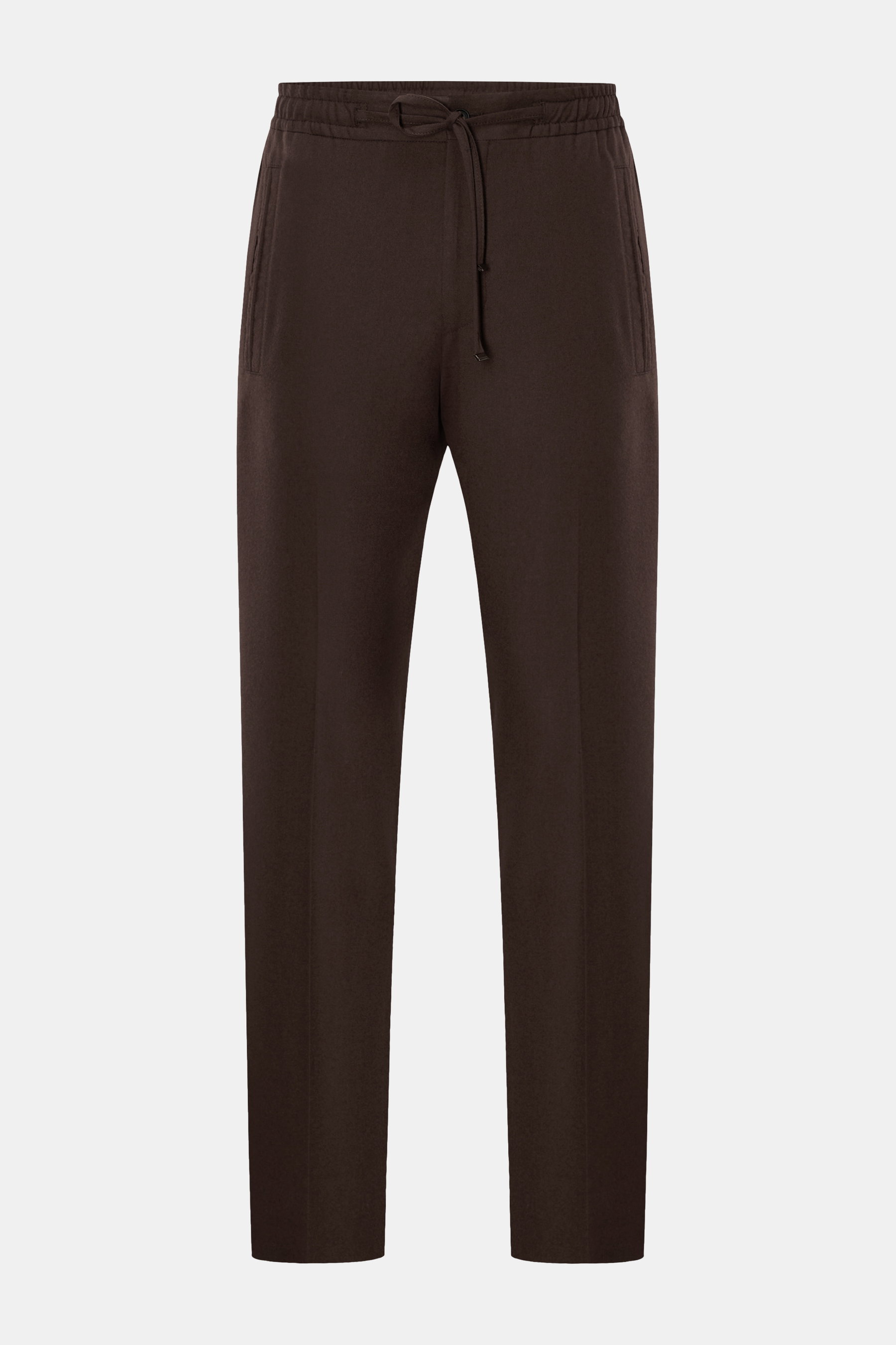 Corneliani Woll-Jogpants dunkelbraun aus reiner Schurwolle, softer Griff, Regular Fit, schmal zulaufend, elastischer Bund mit Tunnelzug, Reißverschluss, Bundknopf, schräge Leistentaschen vorne und Leistentaschen am Gesäß, frontale Ansicht.