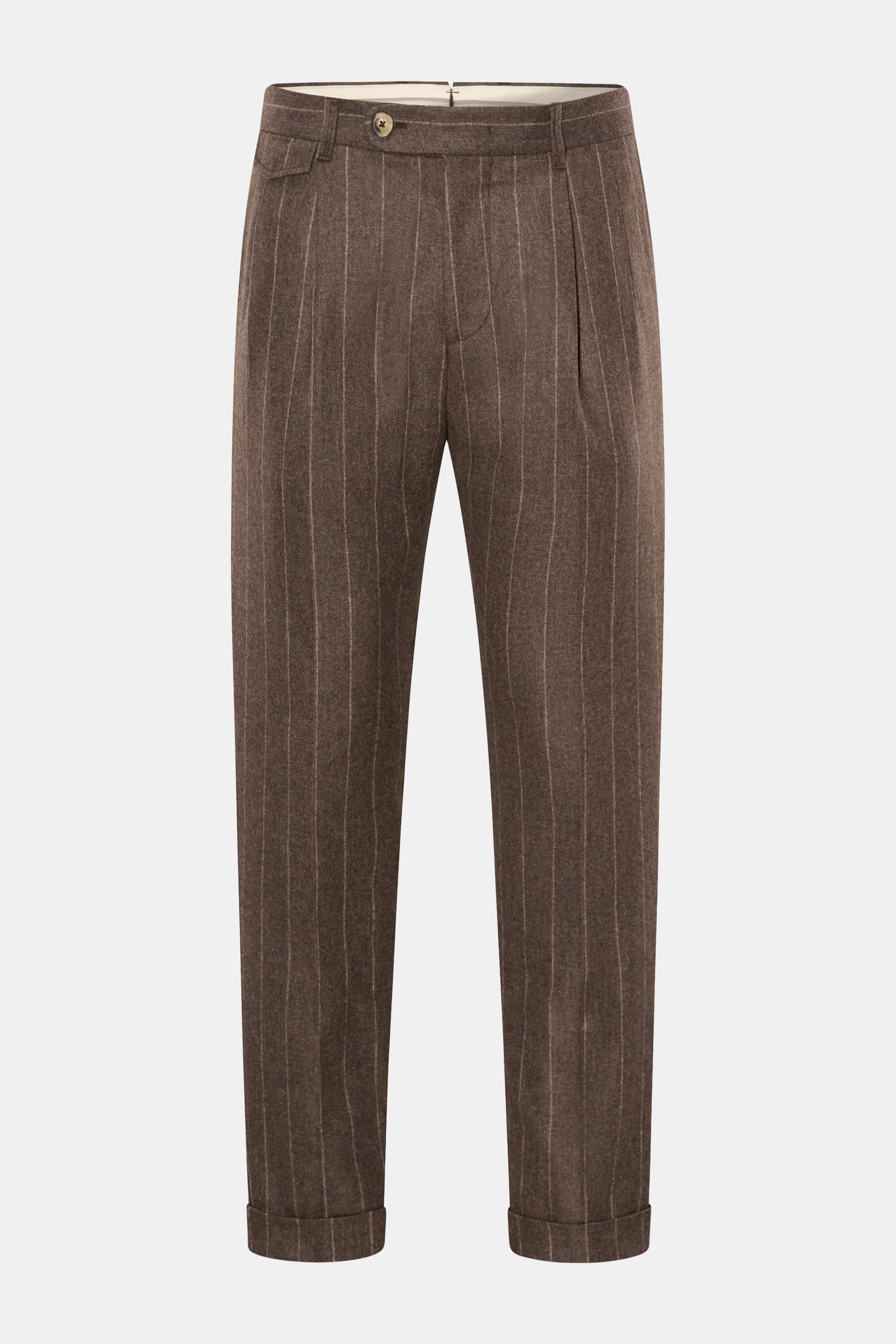 Frontansicht der Windsor Hose 'Sapo' graubraun gestreift mit Chalk Stripes, Uhrentasche, Tapered Fit, Bundknöpfen und fixiertem Saumaufschlag.