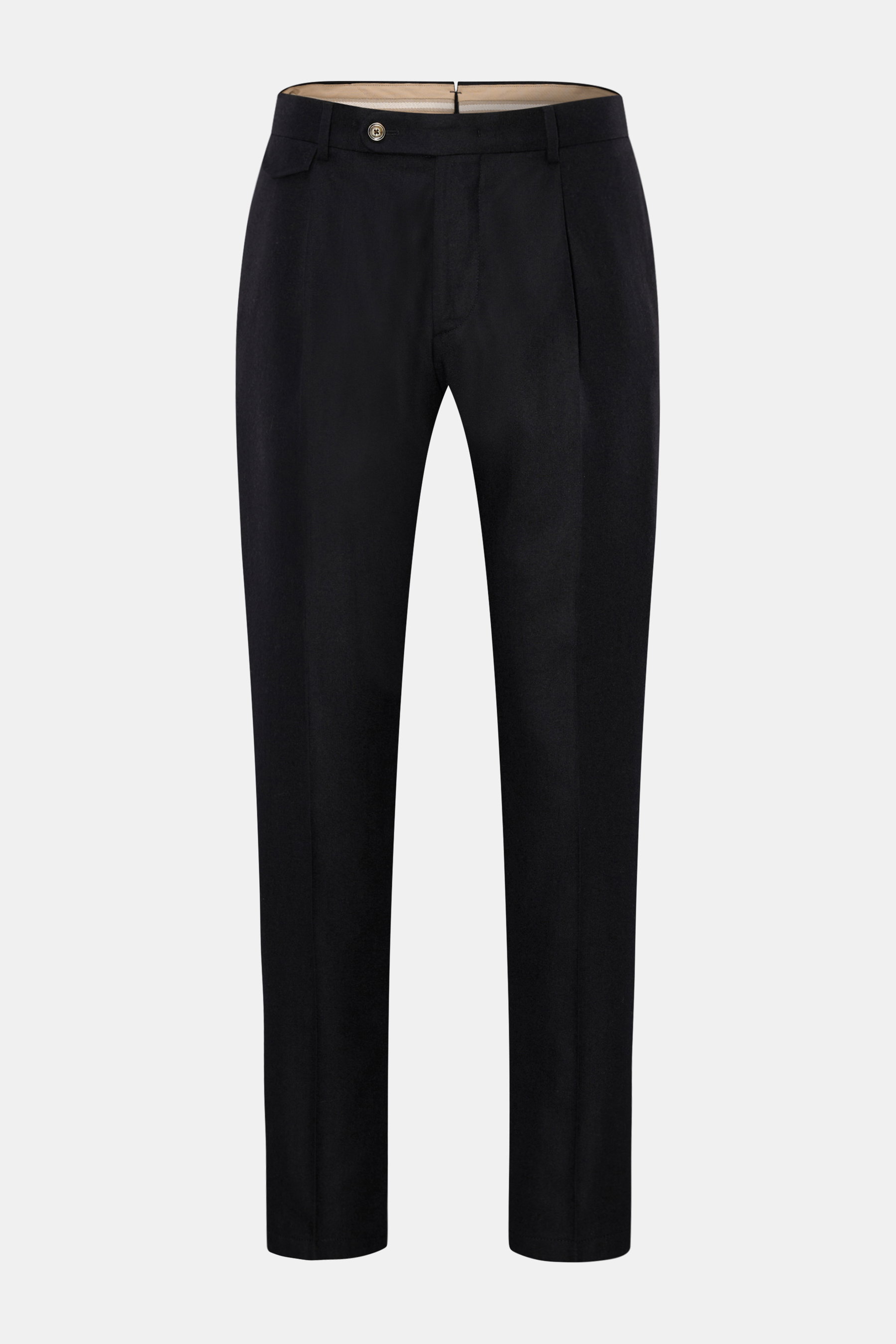 Windsor Hose 'Silvi' navy, frontal fotografiert, schmal zulaufend, aus Wolle-Cashmere-Mix mit Bundknopf, Reißverschluss, französischen Taschen.