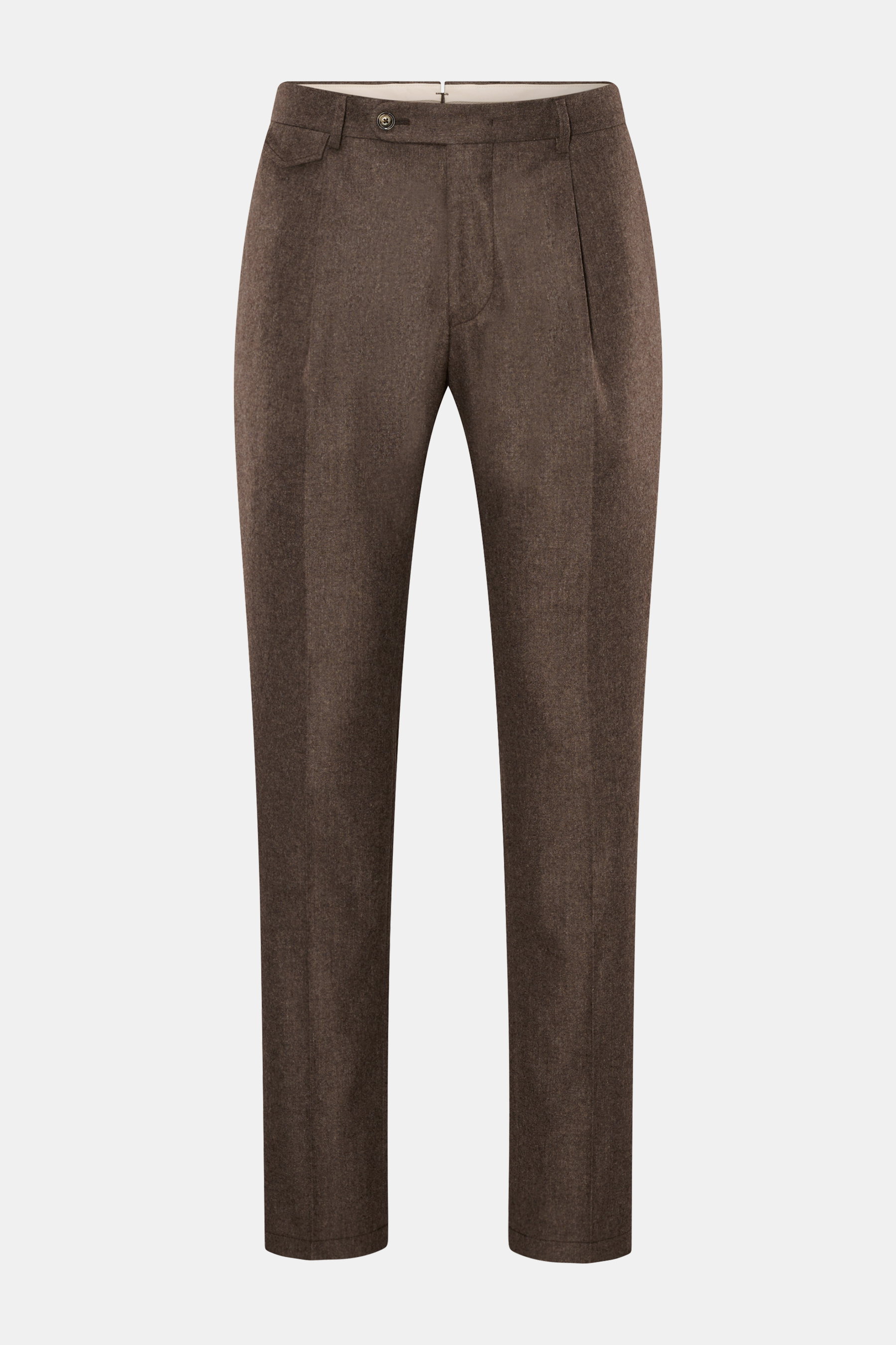 Windsor Hose 'Silvi' graubraun meliert, schmal zulaufend, aus Wolle-Cashmere-Microfaser-Mix, kurzer Schnitt, Reißverschluss, Knöpfe, Bundfalte, Taschen, Frontalansicht.
