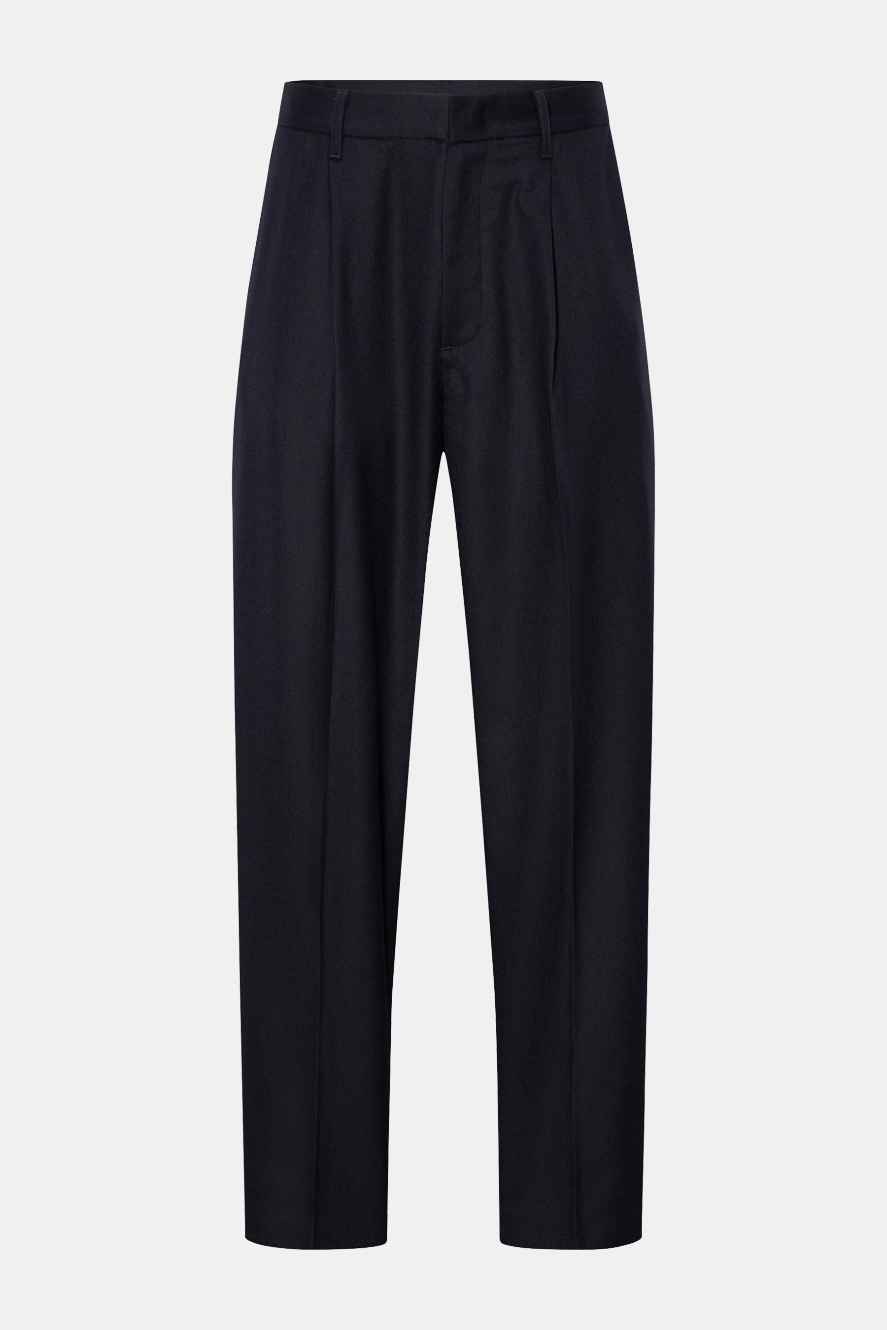 Emporio Armani Wollhose dark navy aus elastischer Schurwolle, Tapered Fit, schmal zulaufend, kurzer Schnitt, Frontperspektive, Reißverschluss, Bundhaken, französische Taschen, paspelierte Gesäßtaschen, kleines Metall-Logo, weicher Griff.