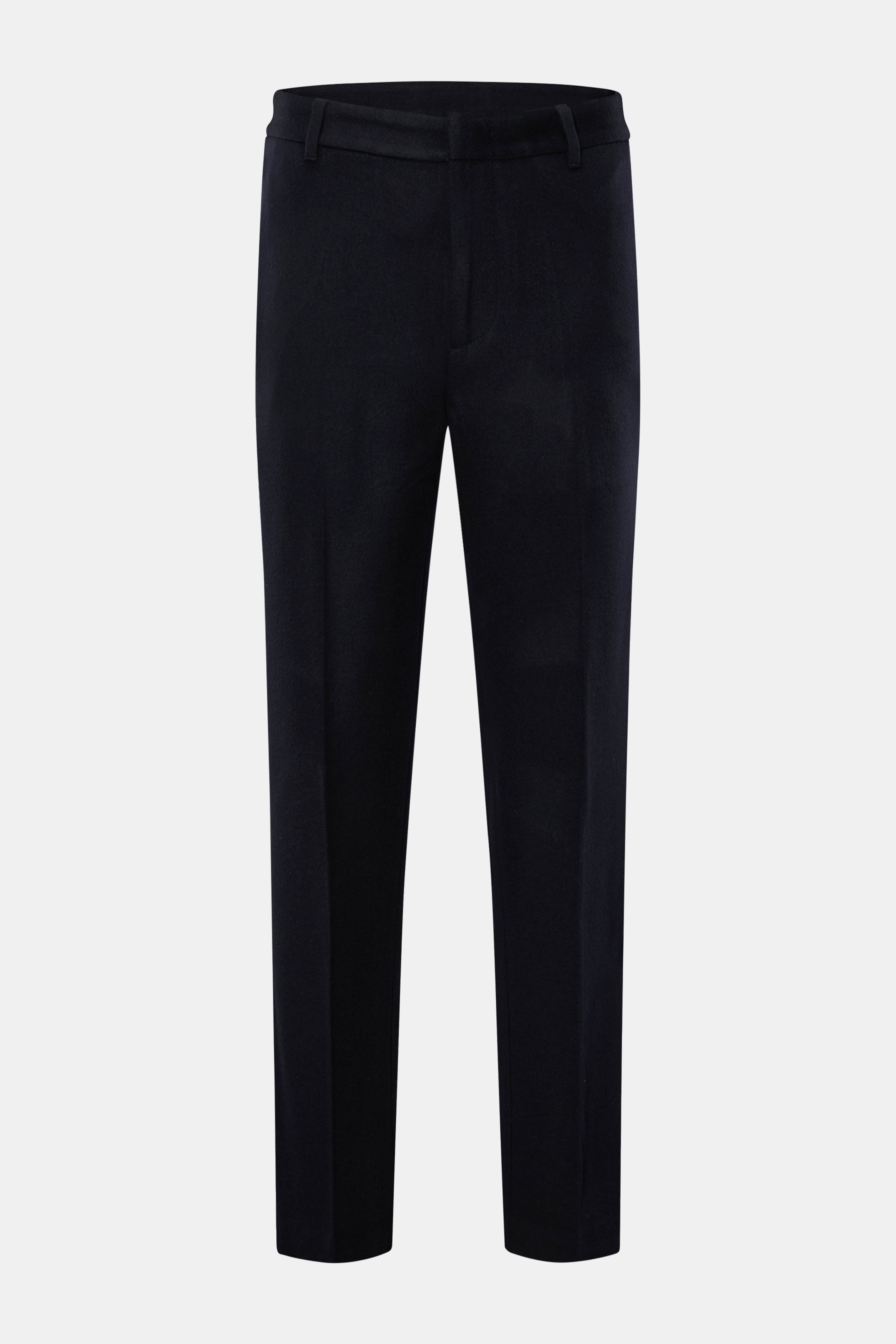 Emporio Armani Hose navy, frontale Ansicht, Regular Fit, leicht schmal zulaufend, Mix aus Schurwolle und Cashmere, weicher Griff, leichte Qualität, Reißverschluss, Bundhaken, französische Taschen, paspelierte Gesäßtaschen.