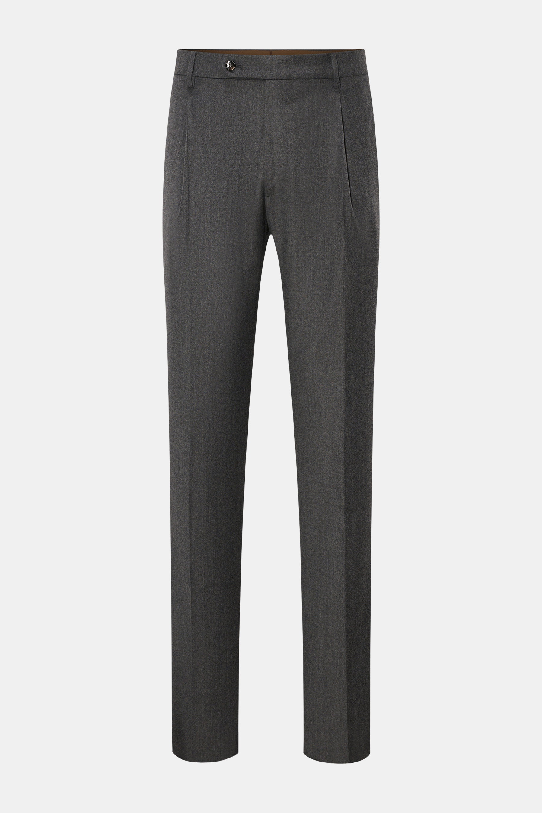 Berwich Wollhose 'Retro Long' dunkelgrau meliert, Slim Fit mit Bundfalte, Reißverschluss, Knöpfen und französischen Taschen, Frontansicht.